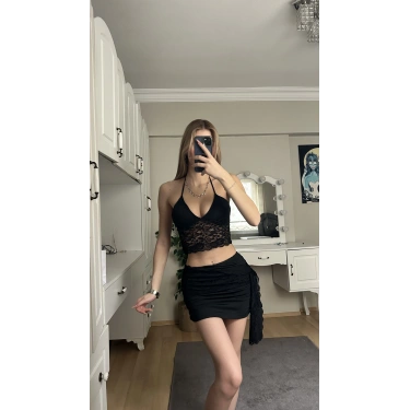 Siyah Dantelli Büstiyer Etek Takım