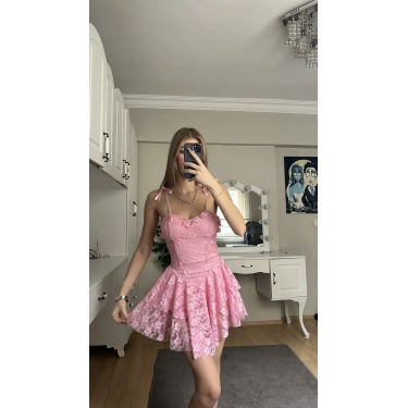Pembe Askılı Sırt Detay Prenses Elbise