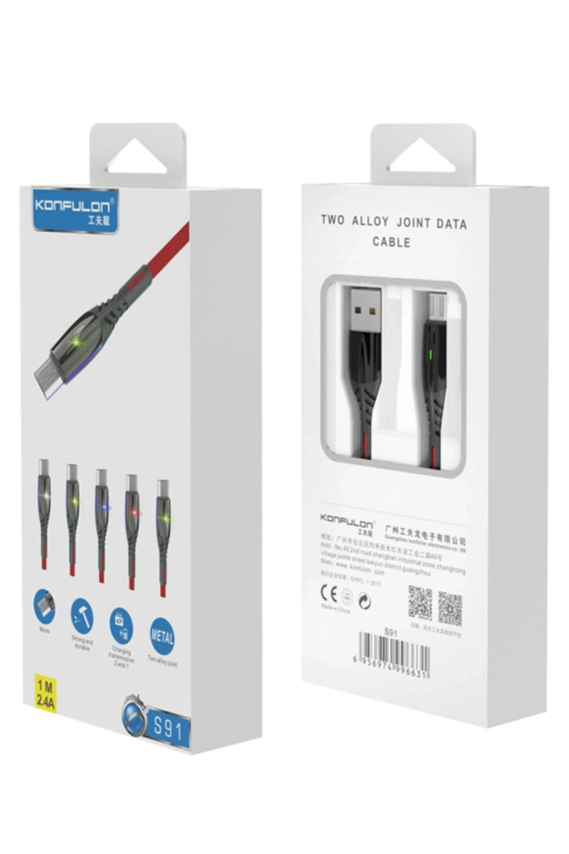 RDBYDN S91 Ledli Micro USB Kablo 1M 2.4A (172540) - Siyah