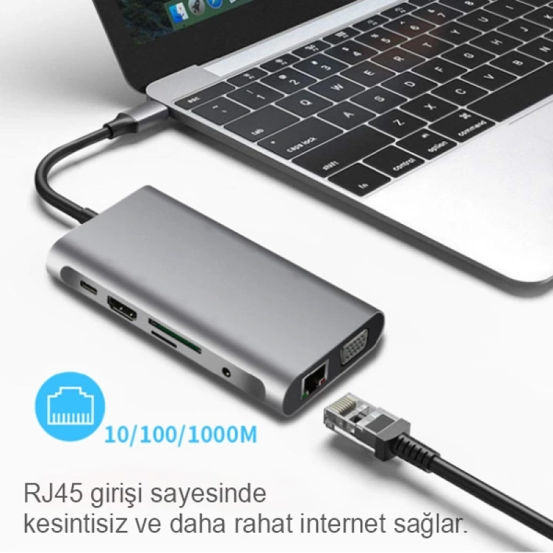 ALLY 10 İN 1 HDMI VGA RJ45 PD USB 3.0 HUB Adaptör Çoklayıcı