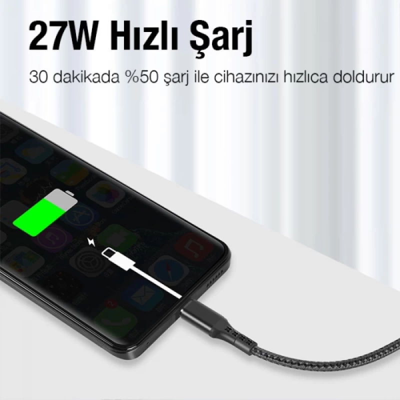 ALLY 1mt 27W Type-C To iPhone Lightning Süper Hızlı Data ve Şarj Kablosu, Akım ve Isı Korumalı Halat