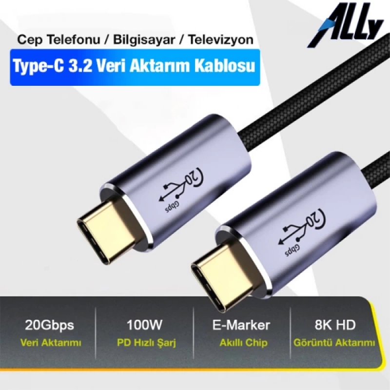 Ally 20Gbps 100W Type-C Macbook 8K Görüntü ve Data Şarj Kablosu 2 Metre