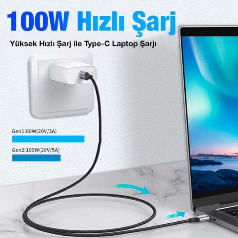 Ally 20Gbps 100W Type-C Macbook 8K Görüntü ve Data Şarj Kablosu 2 Metre