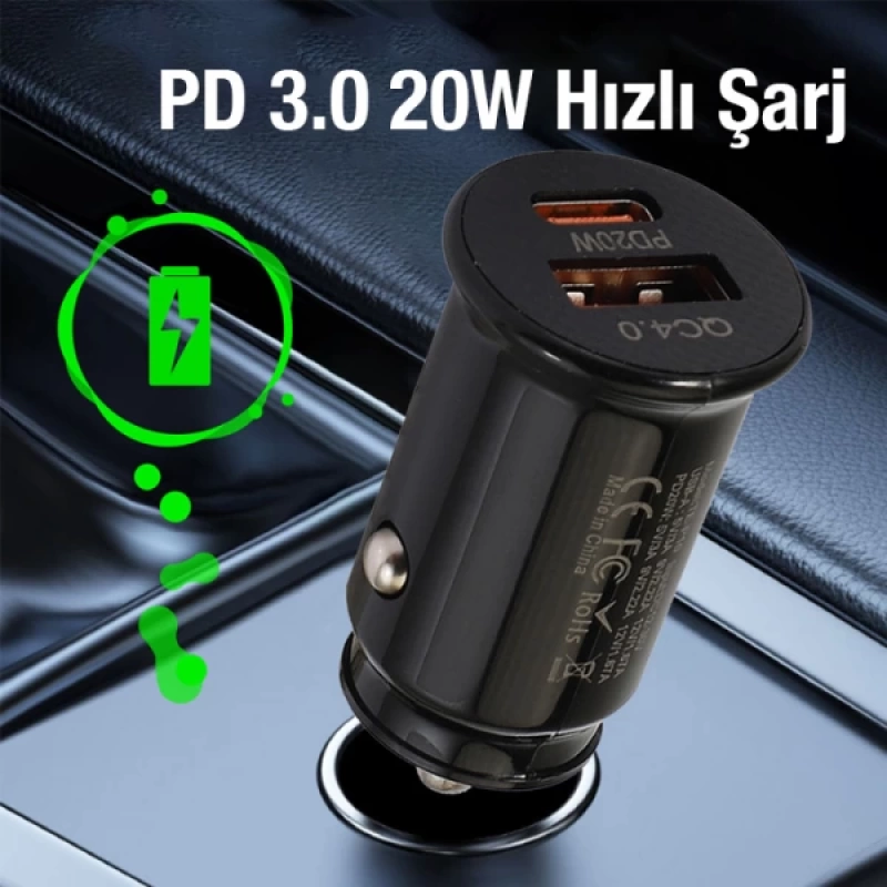 ALLY 20W USB Ve Type-c Çıkışlı Araç İçi Çakmaklık Hızlı Şarj Başlığı