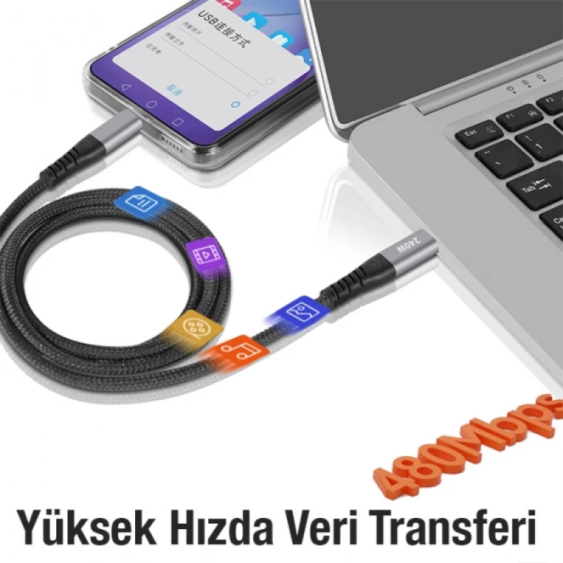 ALLY 240W Type-C To Type-C Laptop Telefon Hızlı Data ve Şarj Kablosu