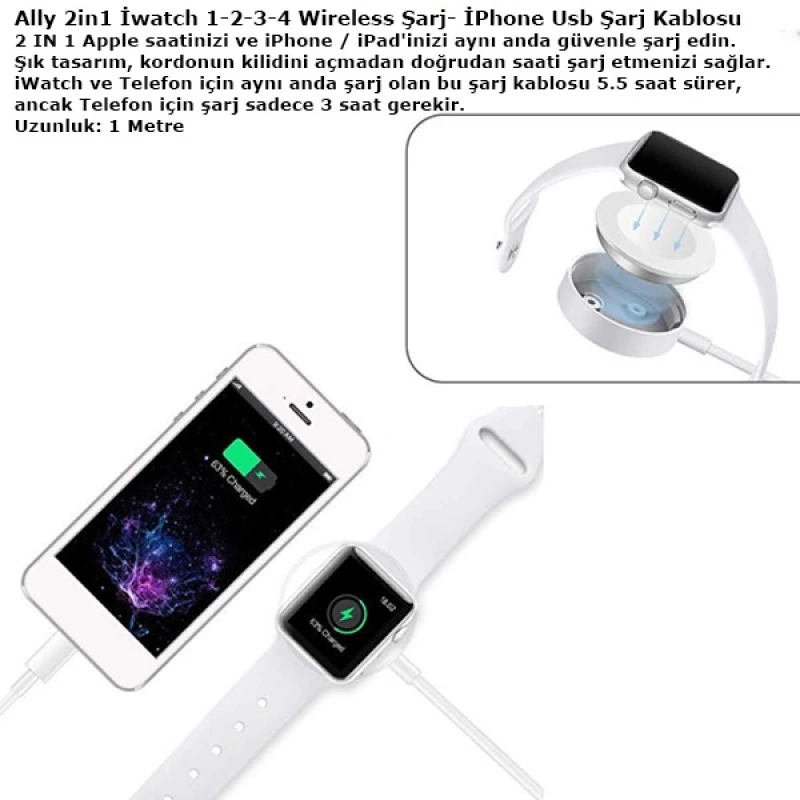 Ally 2in1 Apple Watch Şarj- İPhone Usb Şarj Kablosu