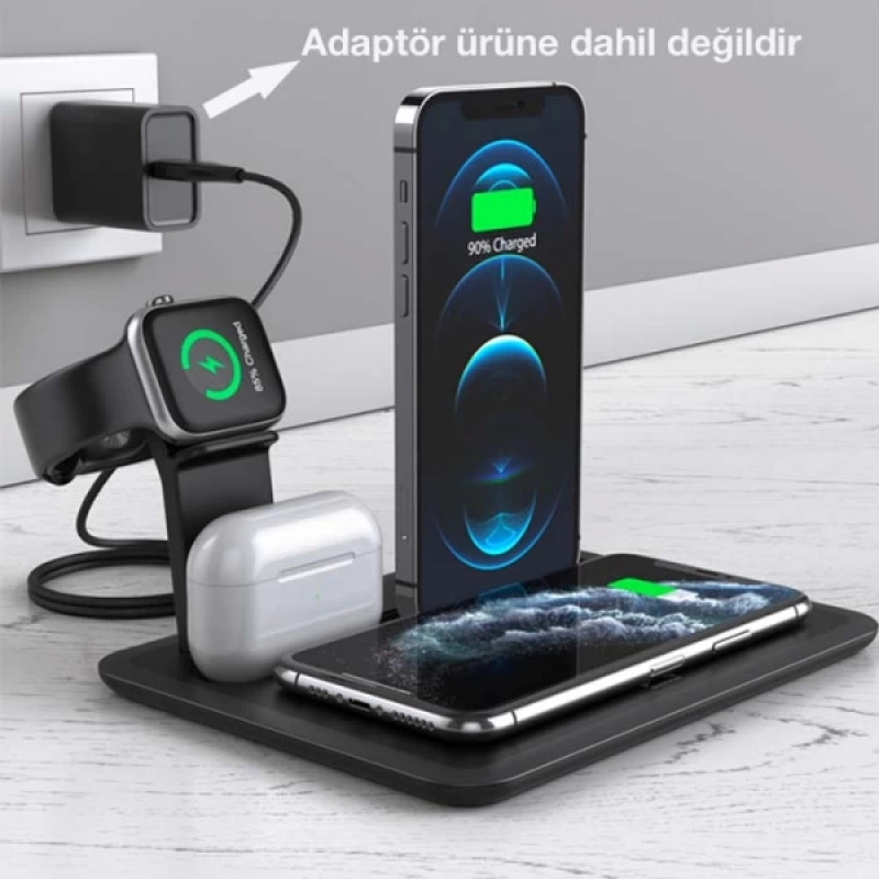 ALLY 4 in1 15W Kablosuz Hızlı Şarj Standı İPhone+İwatch+AirPods Pro Wireless