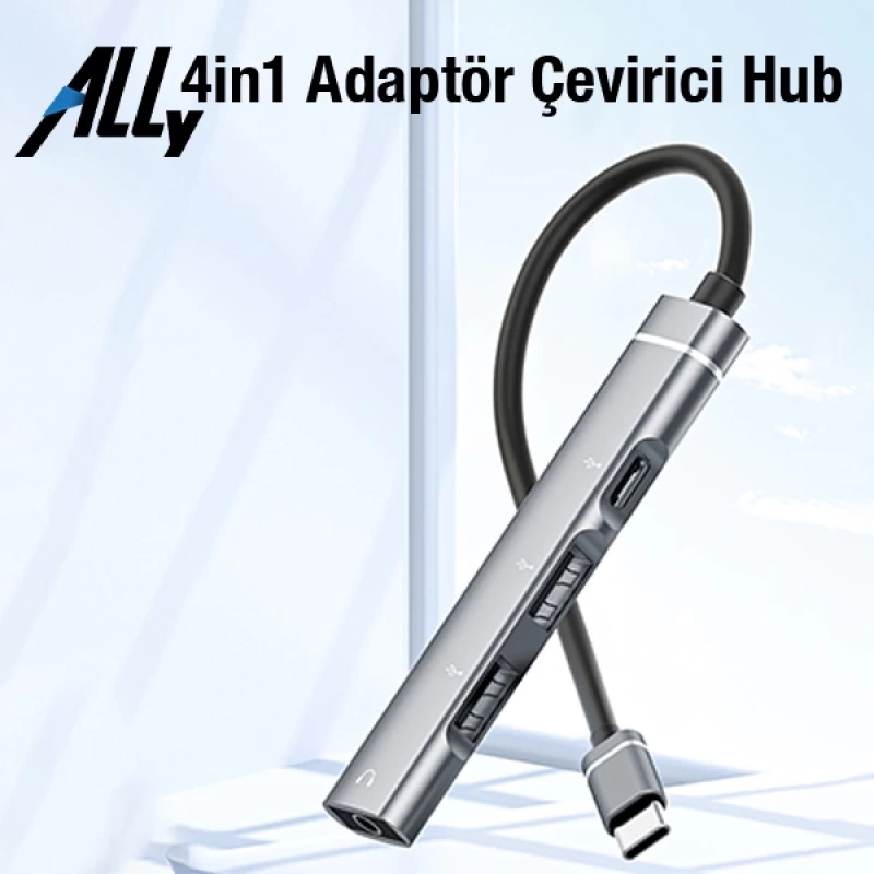 ALLY 4in1 Type-C+3.5mm+USB Girişli Çoğaltıcı Adaptör Çevirici Hub