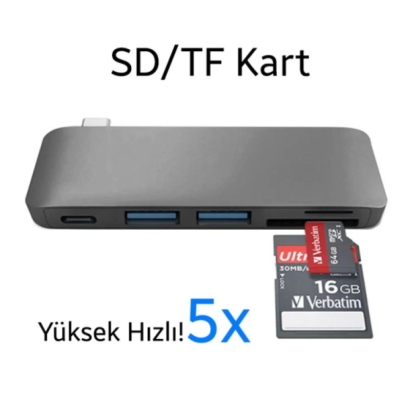 Ally 5 İn1 Usb-C Hub 3.0 Type-C Şarj Kart Reader Type-C Bütün Cihazlar İçin