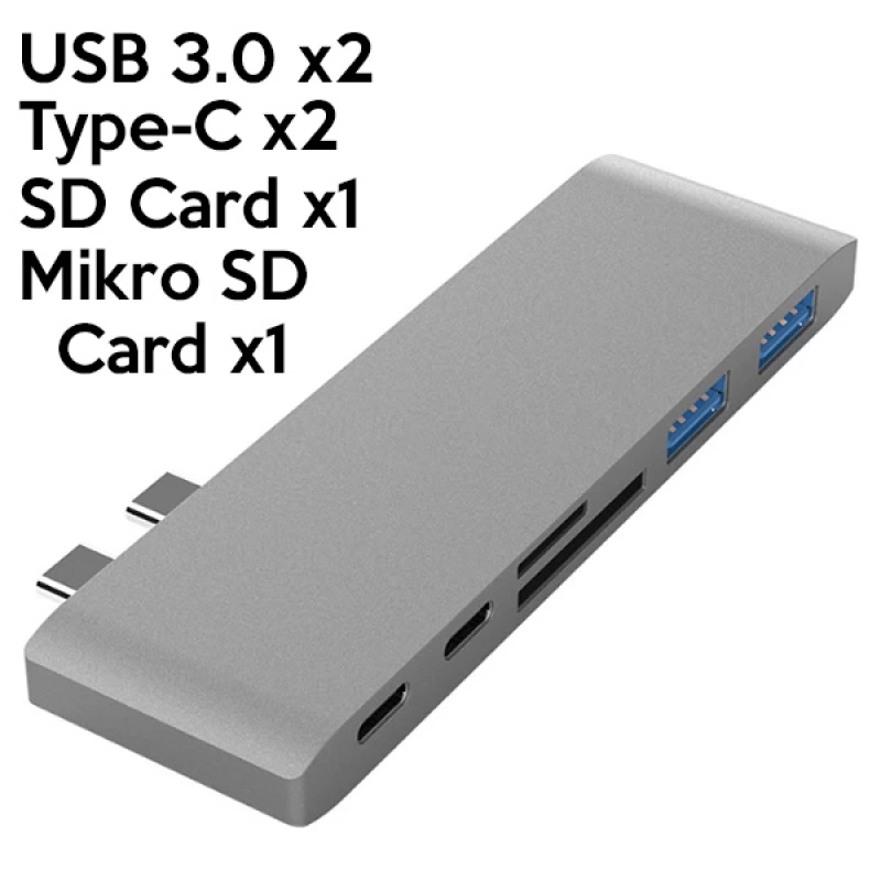 Ally 6 İn1 Usb-C Hub Daul  USB 3.0 Type-C Şarj Kart Reader Çoğaltıcı Hub