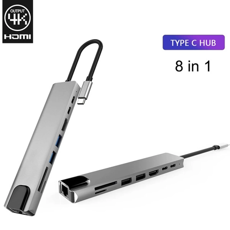 Ally 8 Port Usb 8in1 3.0 Type-C Hdmi 3XUSB+2 PD) RJ45 Hub Adaptör Çoklayıcı TF SD Kart