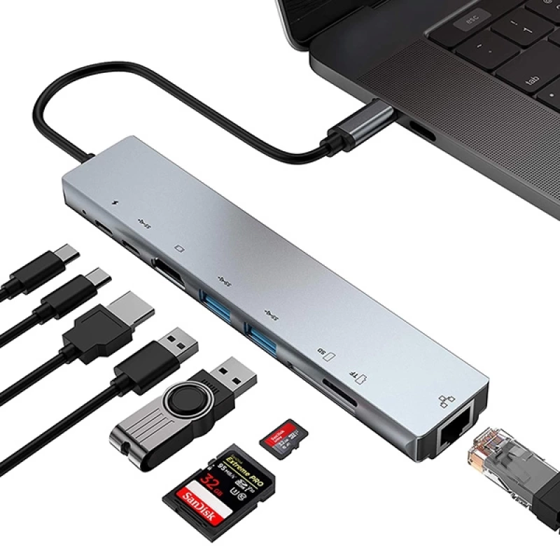 Ally 8 Port Usb 8in1 3.0 Type-C Hdmi 3XUSB+2 PD) RJ45 Hub Adaptör Çoklayıcı TF SD Kart