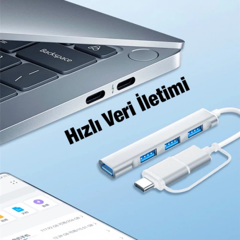 ALLY A-806 4in1 Type-C + USB Girişli USB 3.0 Çoğaltıcı Hub Adaptör Çevirici