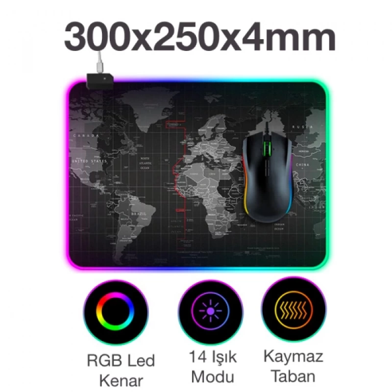 ALLY Dünya Desenli RGB Led Işıklı Oyuncu Mouse Pad 300*250*4MM