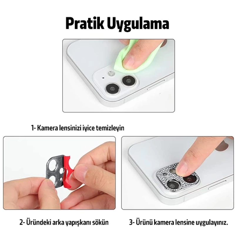 ALLY İPhone 12 Mini Kamera Koruyucu Lens Diamond Taş İşlemeli