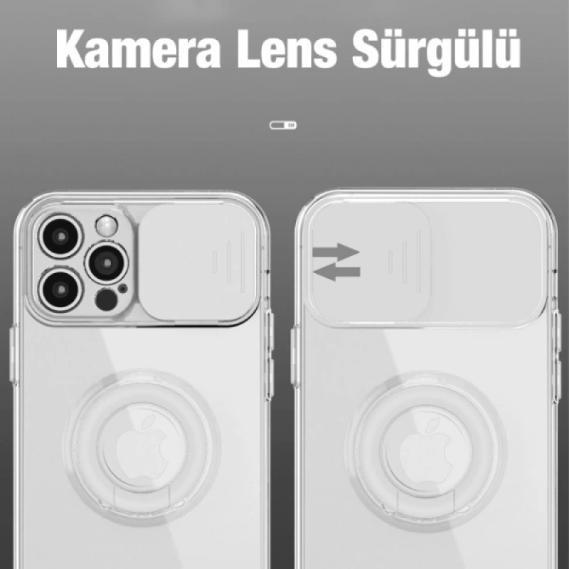 Ally iPhone 12 Pro 6.1inç Kılıf Sürgülü Kamera Lens Korumalı Yüzük Standlı Silikon Kılıf