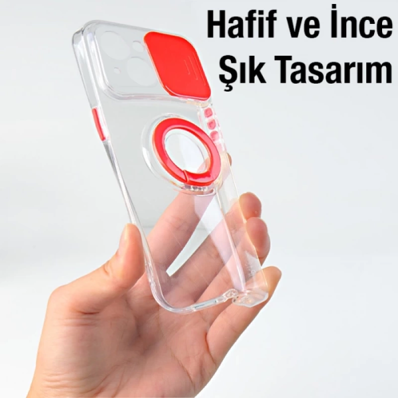 Ally iPhone 13 Mini 5.4inç Kılıf Sürgülü Kamera Lens Korumalı Yüzük Standlı Silikon Kılıf