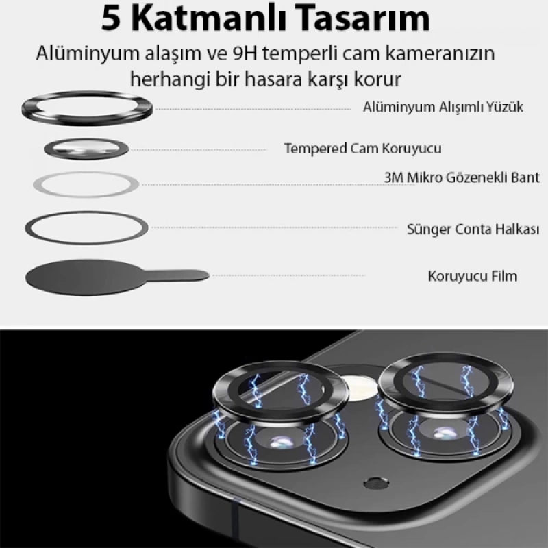 ALLY iPhone 14-14 Plus 3D Metal Çerçeveli Kamera Lens Koruyucu