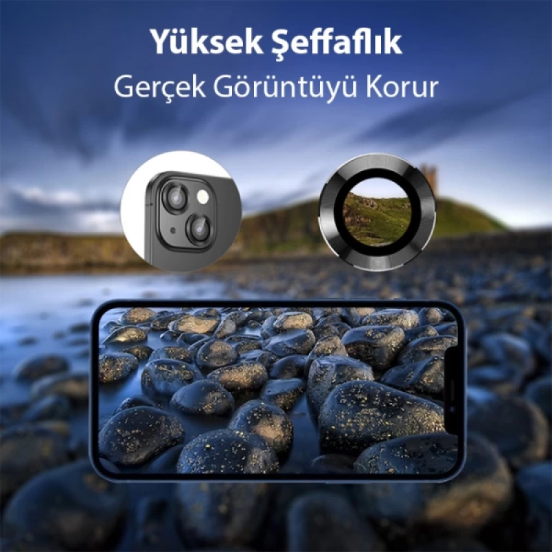 ALLY iPhone 14-14 Plus 3D Metal Çerçeveli Kamera Lens Koruyucu