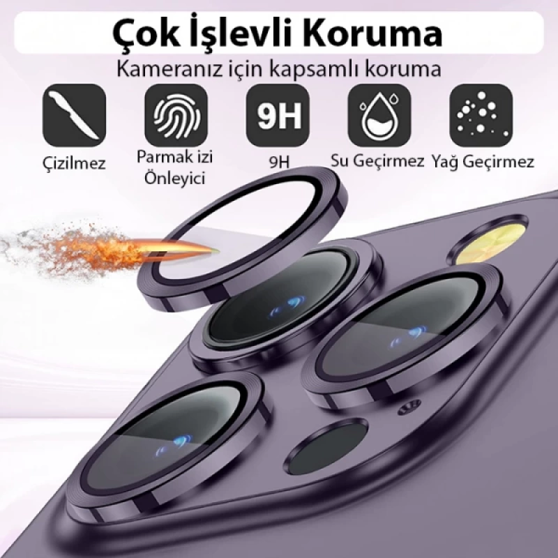 ALLY iPhone 14 Pro-14 Pro Max 3D Metal Çerçeveli Kamera Lens Koruyucu