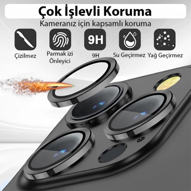 ALLY iPhone 14 Pro-14 Pro Max 3D Metal Çerçeveli Kamera Lens Koruyucu