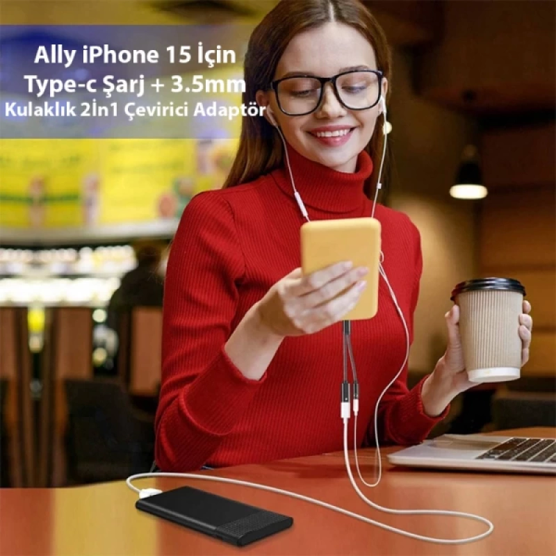 Ally İphone 15 İçin Type-c Şarj + 3.5mm kulaklık 2İn1 Çevirici Adaptör