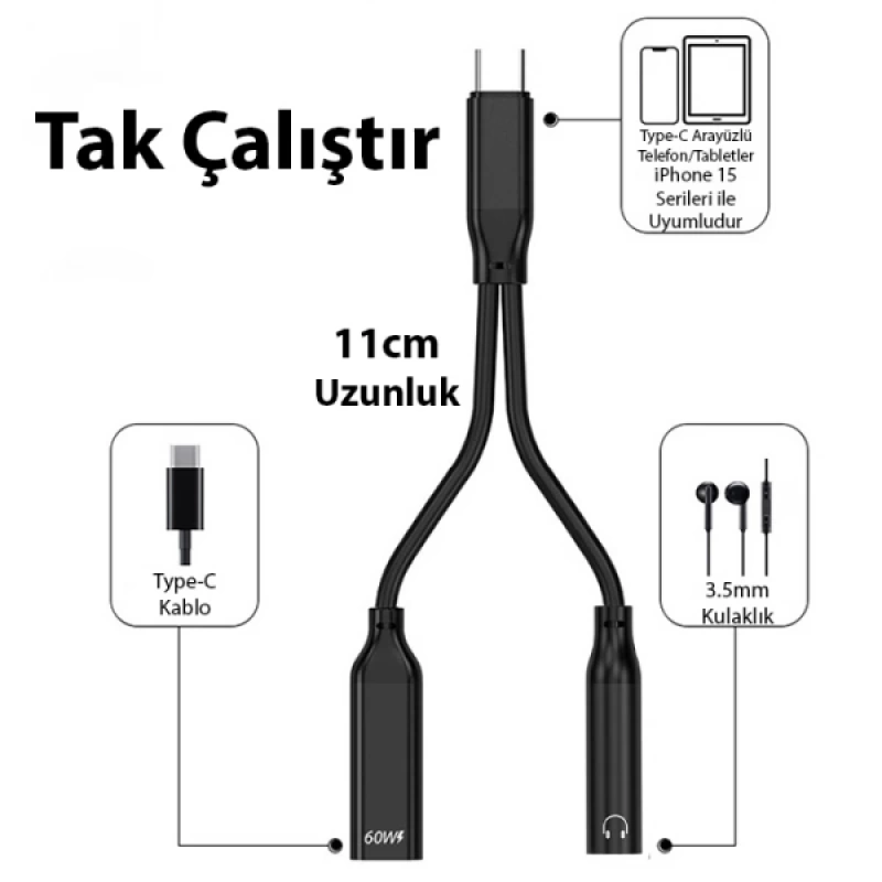 Ally İphone 15 İçin Type-c Şarj + 3.5mm kulaklık 2İn1 Çevirici Adaptör