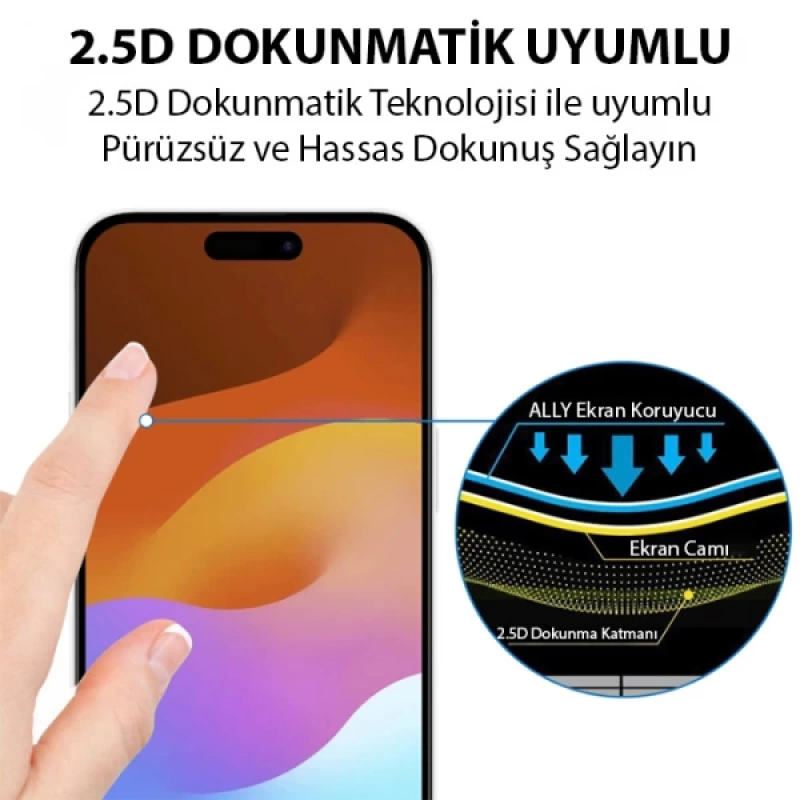 Ally iPhone 15 Pro Max Full Glue Tempered Kırılmaz Cam Ekran Koruyucu