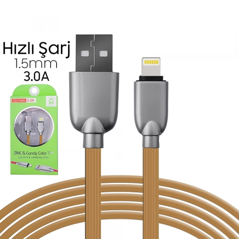 Ally İphone,5s,6s,7,8,8 Plus Zinc Alloy Dayanıklı 3.0a 1.5mm Usb Kablo