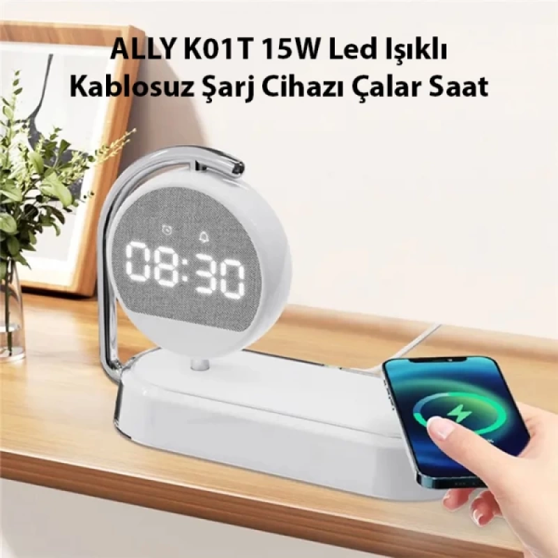 ALLY K01T 15W Led Işıklı Kablosuz Şarj Cihazı Çalar Saat