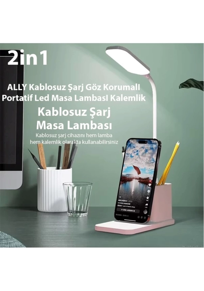 Ally Kablosuz Sarj Göz Korumali Portatif Led Masa Lambasi Kalemlik Beyaz