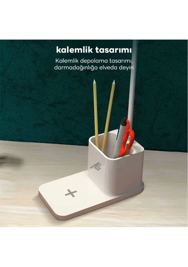 Ally Kablosuz Sarj Göz Korumali Portatif Led Masa Lambasi Kalemlik Beyaz