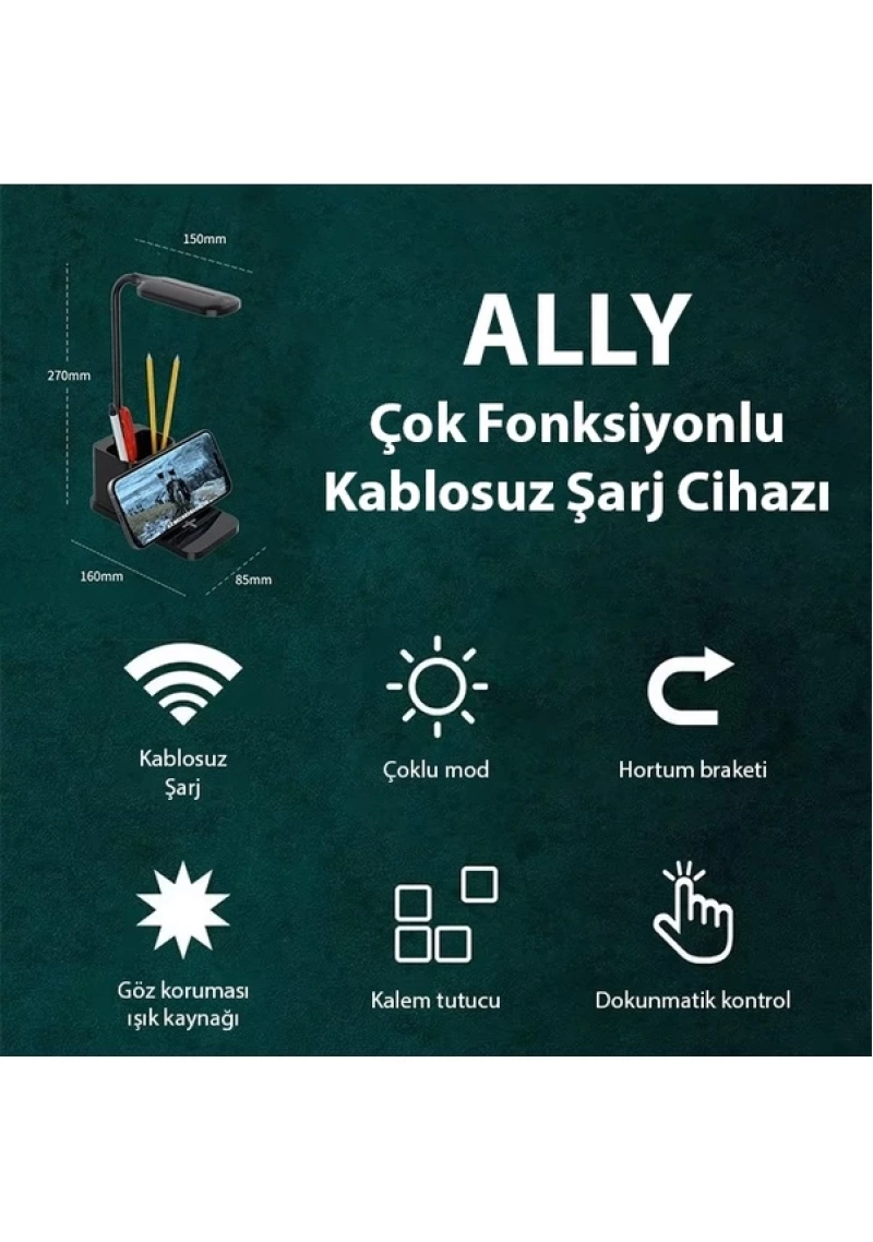 Ally Kablosuz Sarj Göz Korumali Portatif Led Masa Lambasi Kalemlik Beyaz