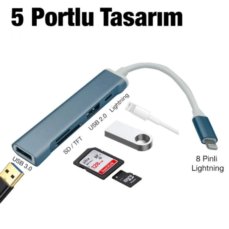 Ally S-503 5in1 Lightning to USB + SD Kart Hub Adaptör Çevirici Dönüştürücü