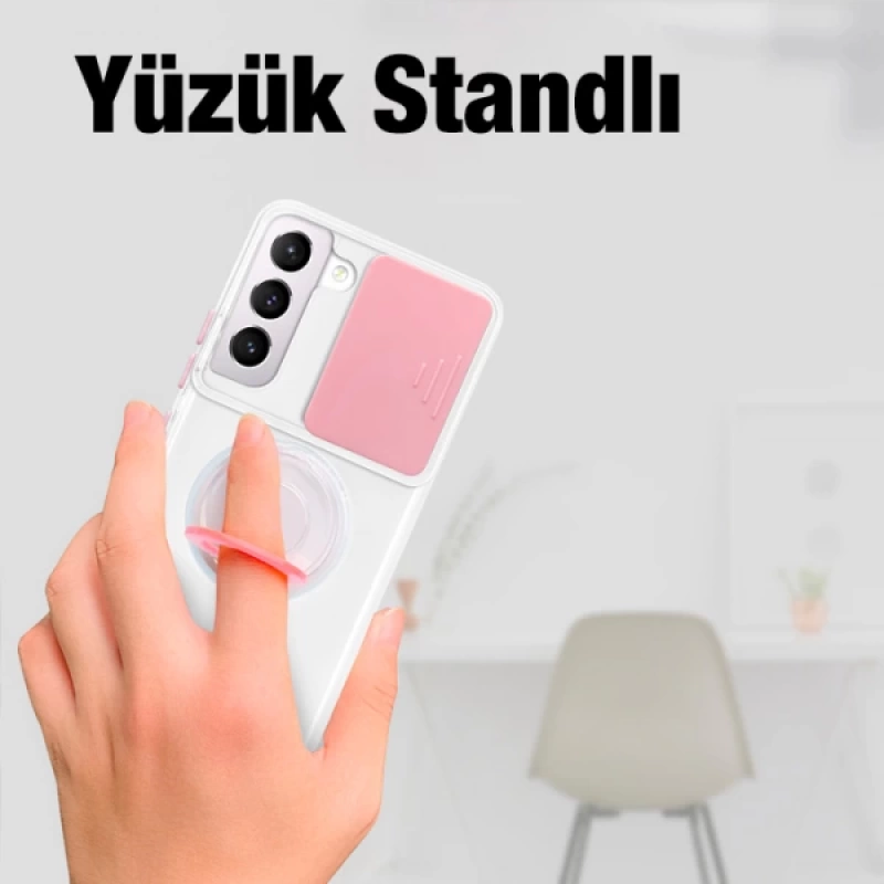 Ally SM Galaxy S22 Plus Kılıf Sürgülü Kamera Lens Korumalı Yüzük Standlı Silikon Kılıf