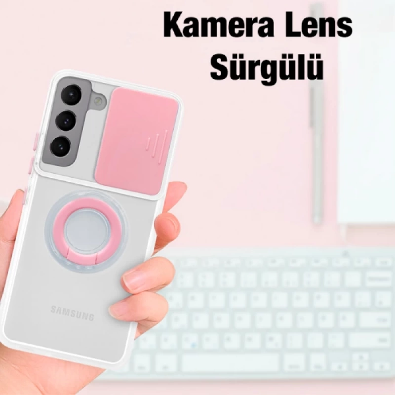 Ally SM Galaxy S22 Plus Kılıf Sürgülü Kamera Lens Korumalı Yüzük Standlı Silikon Kılıf