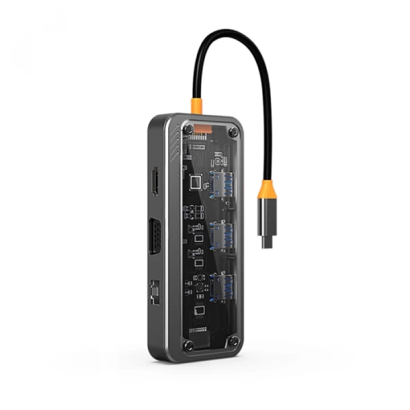 ALLY SW1V-PRO Type-c To USB3.0 3adet+ 3.5mm+ HDMI+ VGA+ SD + TF + Ethernet Çoğaltıcı Transparan Hub