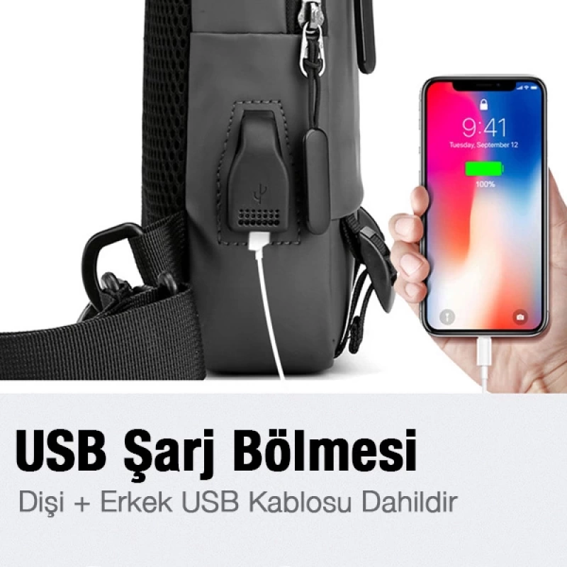 Ally USB Şarj Girişli Çok Fonksiyonlu Su Geçirmez Erkek Bel ve Sırt Çantası