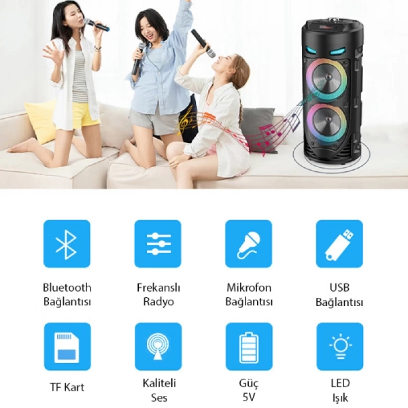 ALLY ZQS4239 Mikrofonlu Taşınabilir Dev Speaker Led Işıklı Bluetooth Hoparlör - 4inc×2-8W×2 1800mAh