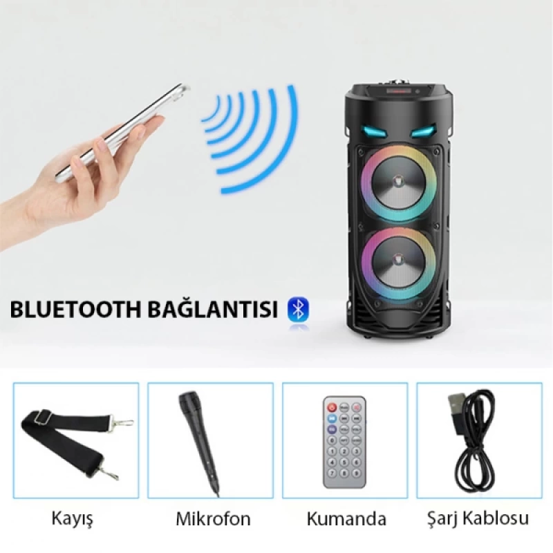 ALLY ZQS4239 Mikrofonlu Taşınabilir Dev Speaker Led Işıklı Bluetooth Hoparlör - 4inc×2-8W×2 1800mAh