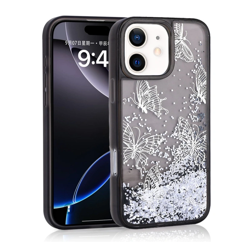 Apple iPhone 11 Kılıf Sıvılı Simli Kelebek Baskılı Şeffaf Arka Yüzey Zore Glis Silikon Kapak