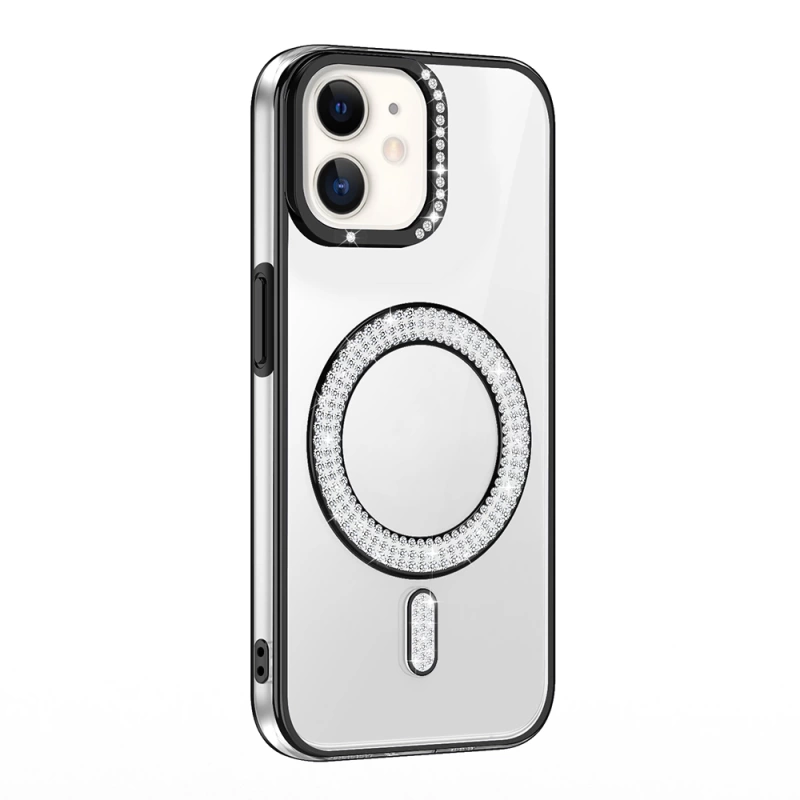 Apple iPhone 12 Kılıf Pırlanta Taş Tasarımlı M-safe Şarj Özellikli Zore Karetta Silikon Kapak