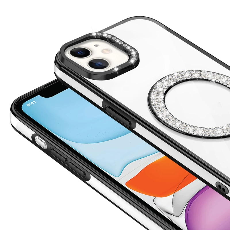 Apple iPhone 12 Kılıf Pırlanta Taş Tasarımlı M-safe Şarj Özellikli Zore Karetta Silikon Kapak