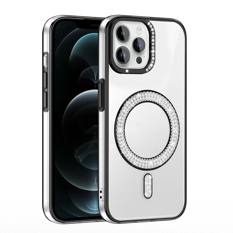 Apple iPhone 12 Kılıf Pırlanta Taş Tasarımlı M-safe Şarj Özellikli Zore Karetta Silikon Kapak