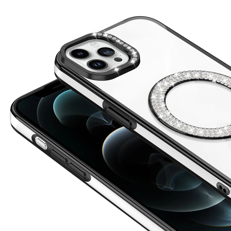 Apple iPhone 12 Kılıf Pırlanta Taş Tasarımlı M-safe Şarj Özellikli Zore Karetta Silikon Kapak