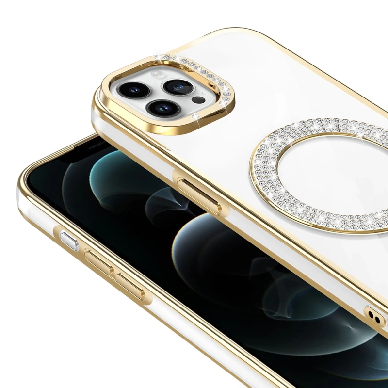 Apple iPhone 12 Pro Kılıf Pırlanta Taş Tasarımlı M-safe Şarj Özellikli Zore Karetta Silikon Kapak