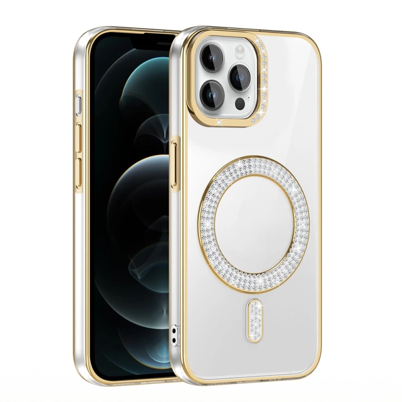 Apple iPhone 12 Pro Kılıf Pırlanta Taş Tasarımlı M-safe Şarj Özellikli Zore Karetta Silikon Kapak