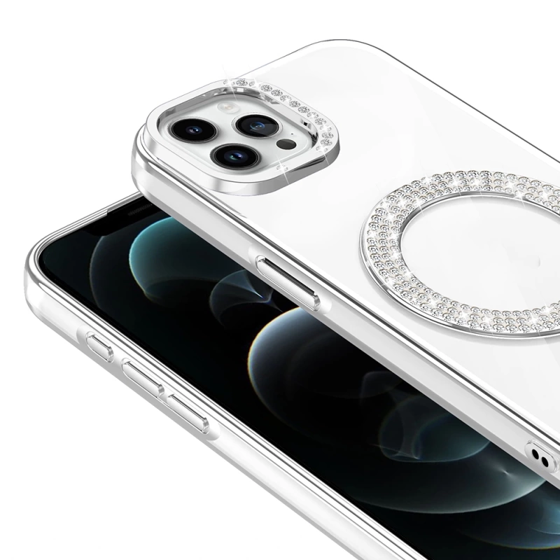 Apple iPhone 12 Pro Kılıf Pırlanta Taş Tasarımlı M-safe Şarj Özellikli Zore Karetta Silikon Kapak