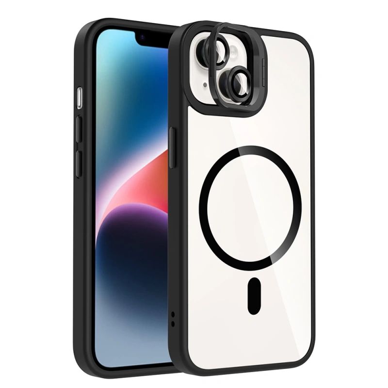 Apple iPhone 13 Kılıf Standlı ve Kamera Lens Hediyeli M-Safe Şarj Özellikli Zore Etro Kapak