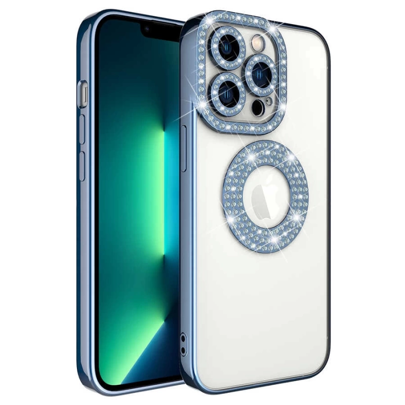 Apple iPhone 13 Pro Kılıf Kamera Korumalı Taş Süslemeli Arkası Şeffaf Zore Asya Kapak